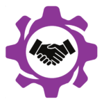 New style cog wheel icon with two hands shaking to represent collaboration