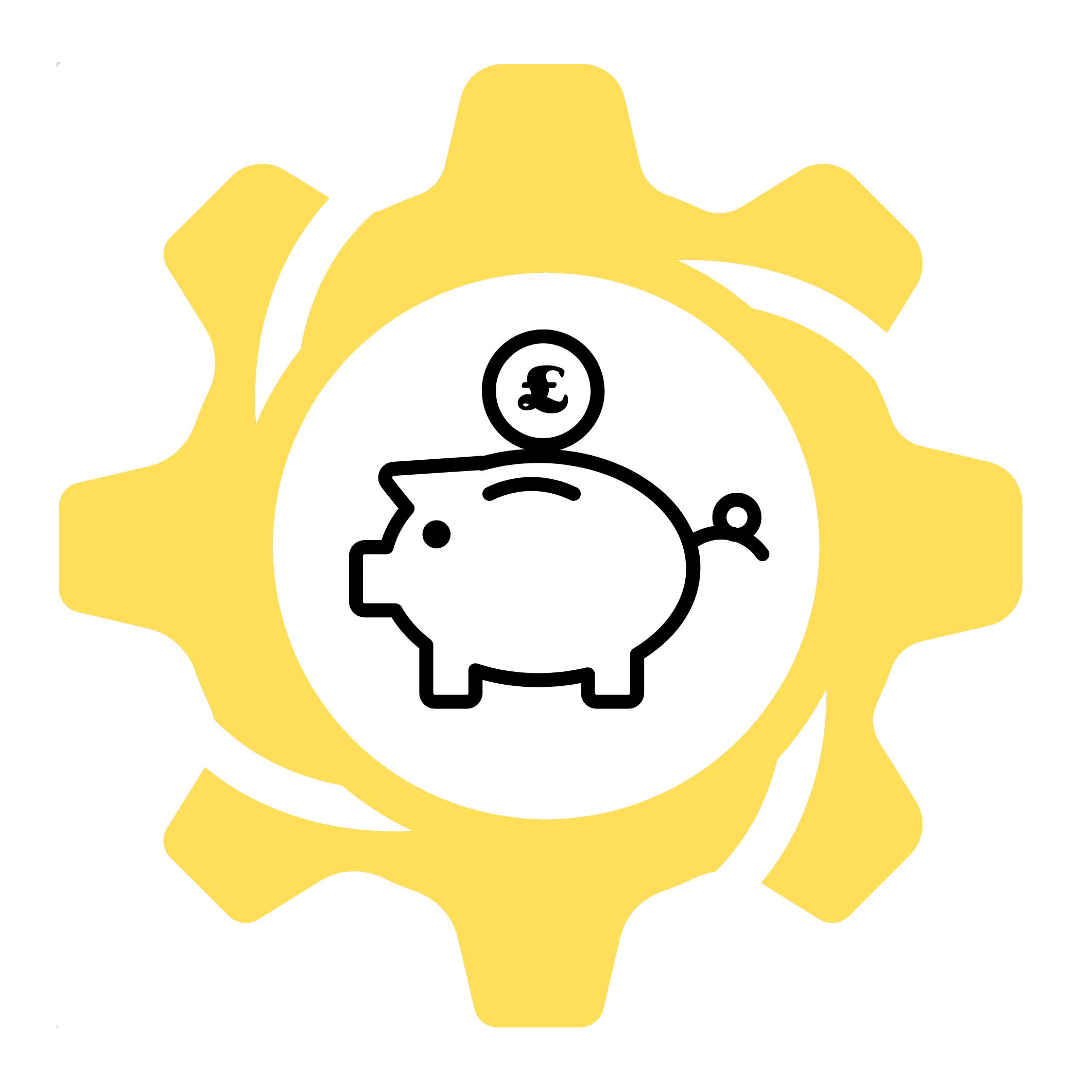 New style cog icon with image of a piggy bank linking to the donate page.