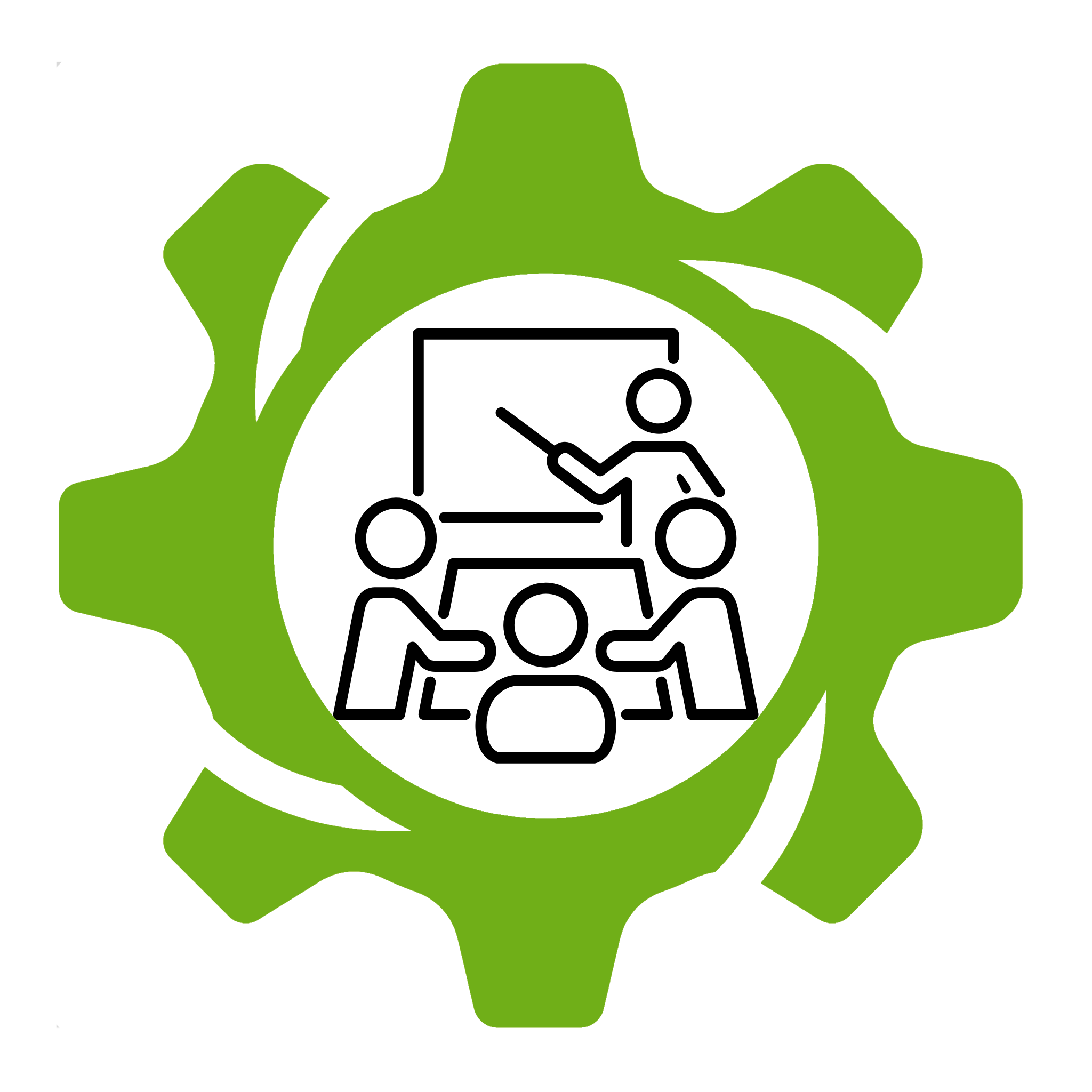 New style cog icon with people sat around a table and a trainer pointing at a whiteboard.